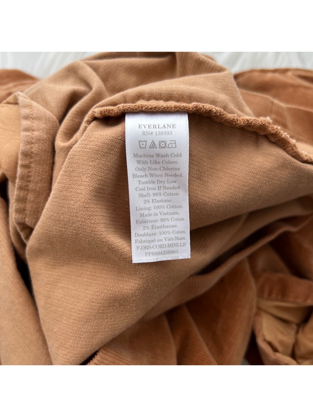 Everlane Camel Corduroy Mini Dress Puff Sleeve Scoop Back Pockets Women’s L - Picture 8 of 8